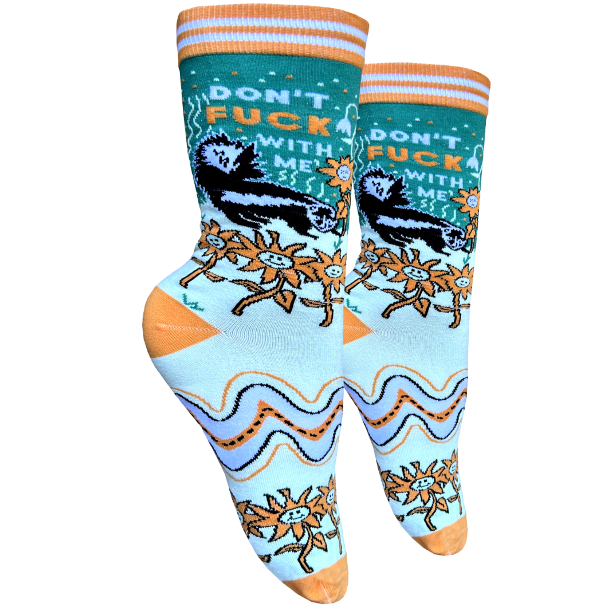 Don't F**k With Me Socks - Small. A pair of socks with a bold sweary slogan and trippy pattern of flowers and a skunk. Orange toes, heel and cuff. 