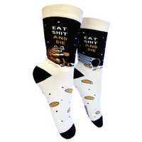 Eat S**t and Die Socks. A pair of socks with a bold slogan and racoon eating out of the bin detail. Black toe, cuff and heel.