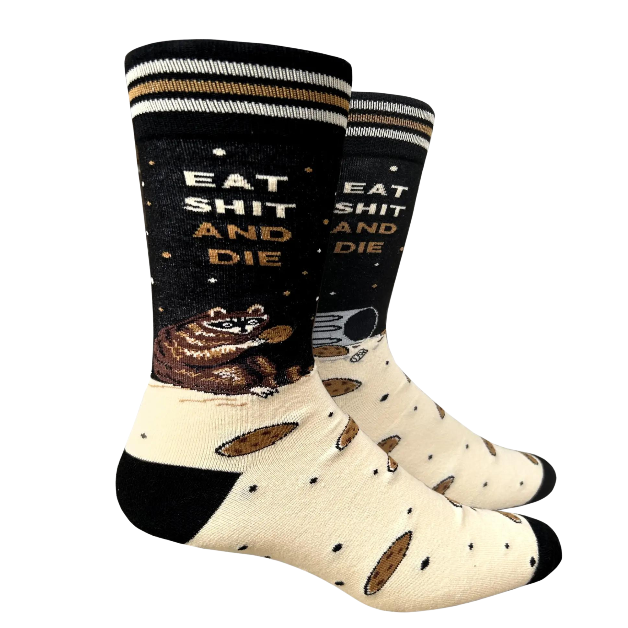 Eat S**t and Die Socks. A pair of socks with a bold slogan and racoon eating out of the bin detail. Black toe, cuff and heel. 