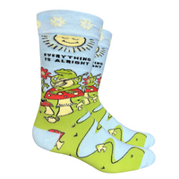 Everything Is Alright Socks. A pair of Socks depicting a blissed out frog sat on a magic mushroom. Bright blue toes, heels and cuffs.  