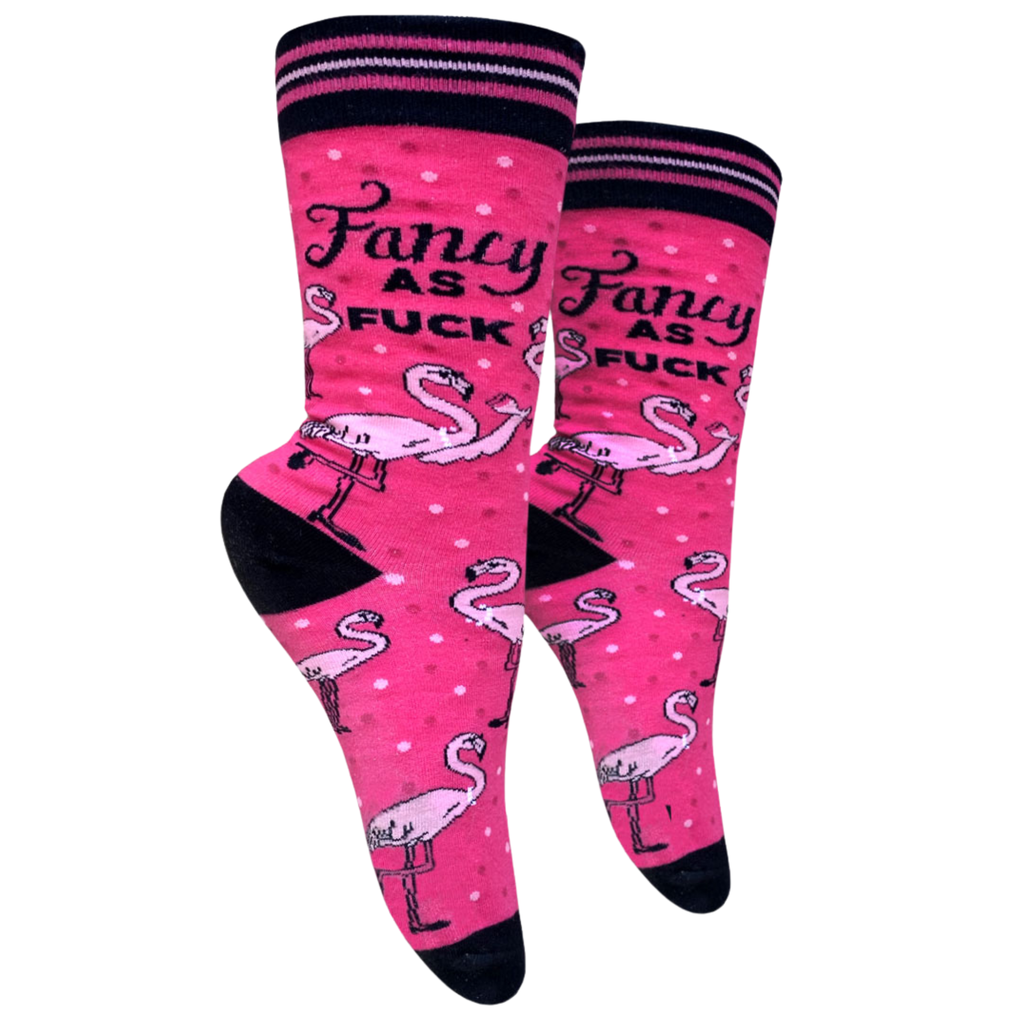 Fancy AF Socks. A pair of socks with a bold slogan and a flamingo motif. Bright pink legs, black toes, heels and cuffs. 