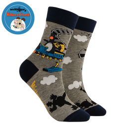 Gray socks with a train design on a white background