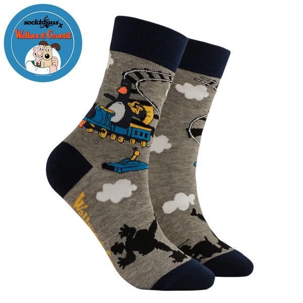 Gray socks with a train design on a white background