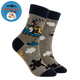 Gray socks with a train design on a white background
