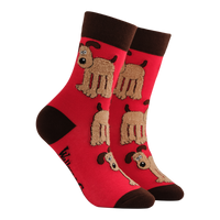 Red socks with brown dog illustrations on a white background