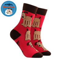 Red socks with brown dog illustrations on a white background