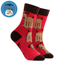 Red socks with brown dog illustrations on a white background