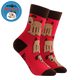 Red socks with brown dog illustrations on a white background