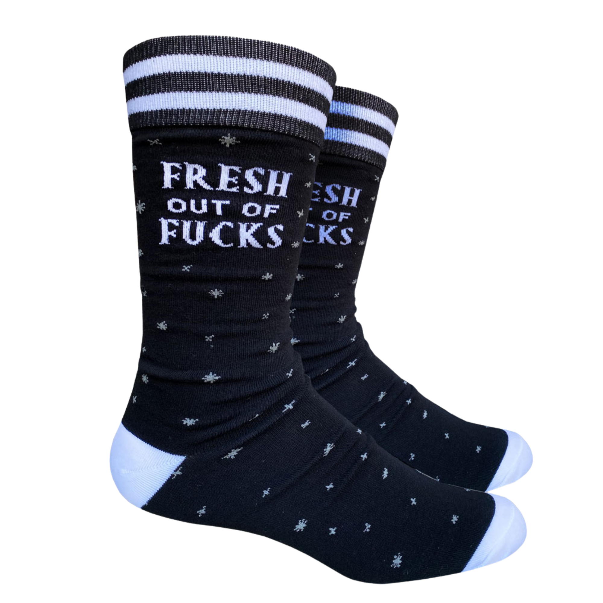 Fresh out of F**ks Socks. A pair of socks with a bold slogan and simple black and purple stars design. Purple toes, heel and cuff.
