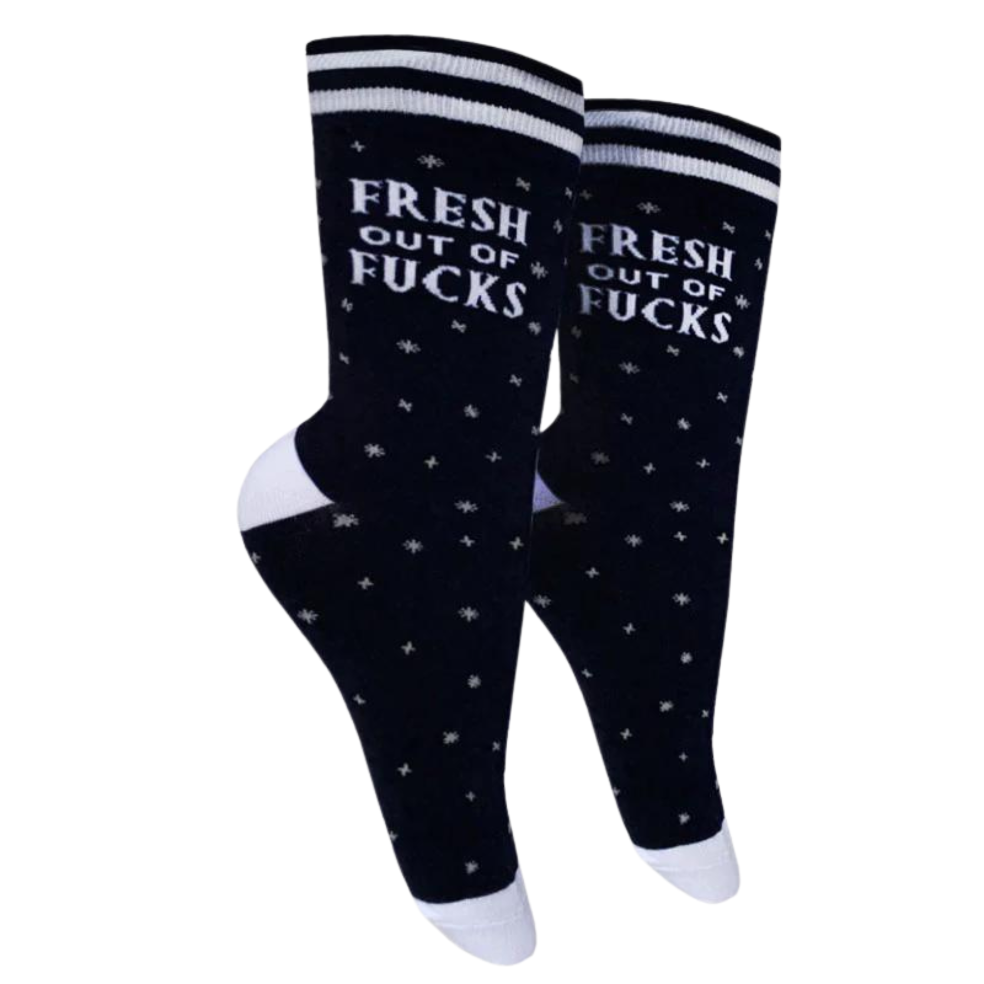 Fresh out of F**ks Socks. A pair of socks with a bold slogan and simple black and purple stars design. Purple toes, heel and cuff.