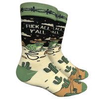 F**k All Y'all Socks. A pair of socks with a frog and desert motif with the slogan F**k All Y'All on the ankle. Green toes, cuff and heel. 