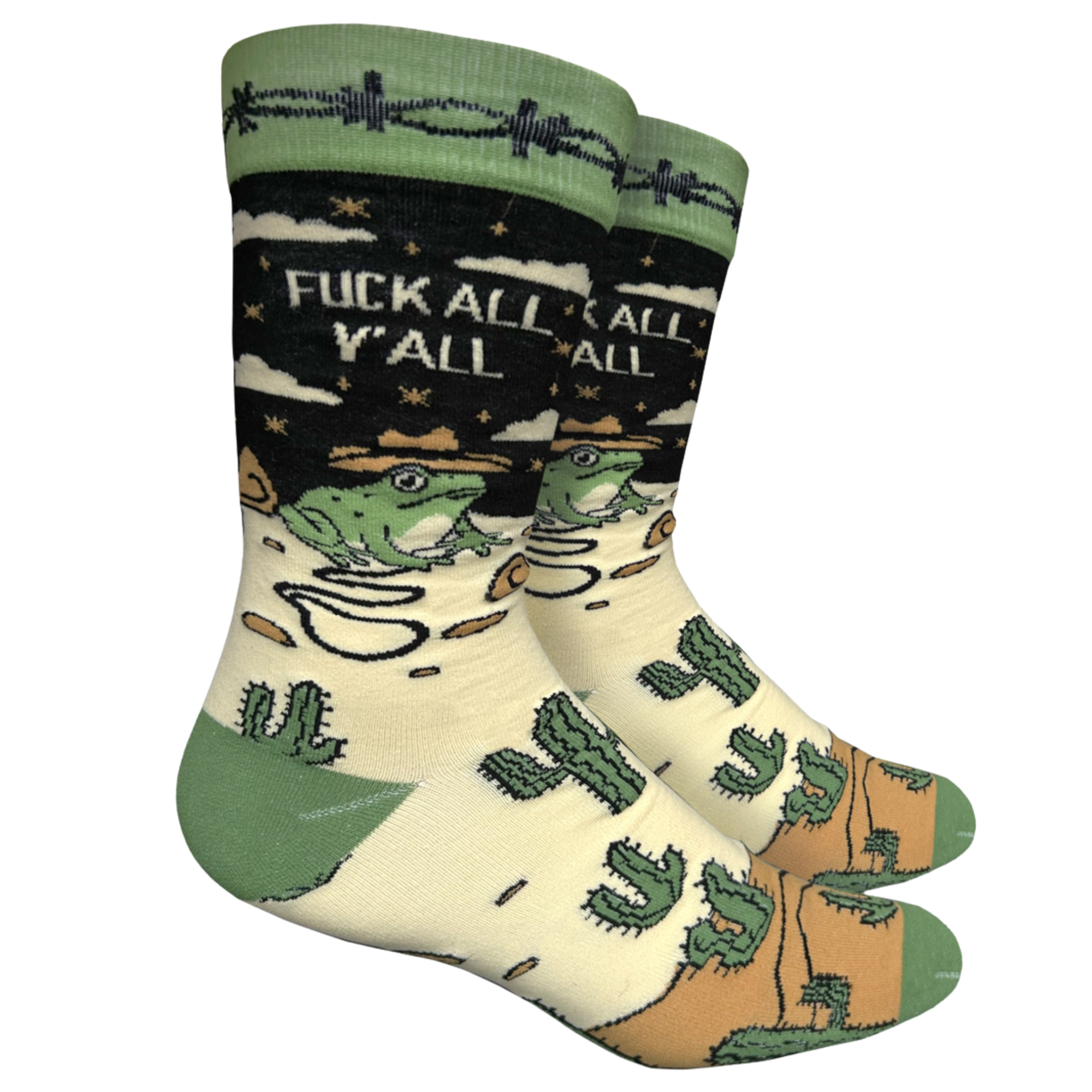 F**k All Y'all Socks. A pair of socks with a frog and desert motif with the slogan F**k All Y'All on the ankle. Green toes, cuff and heel. 