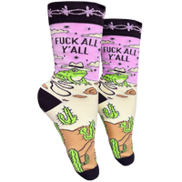 A pair of socks with a frog and desert motif with the slogan F**k All Y'all on the ankle. Black toes, heel and cuff. 