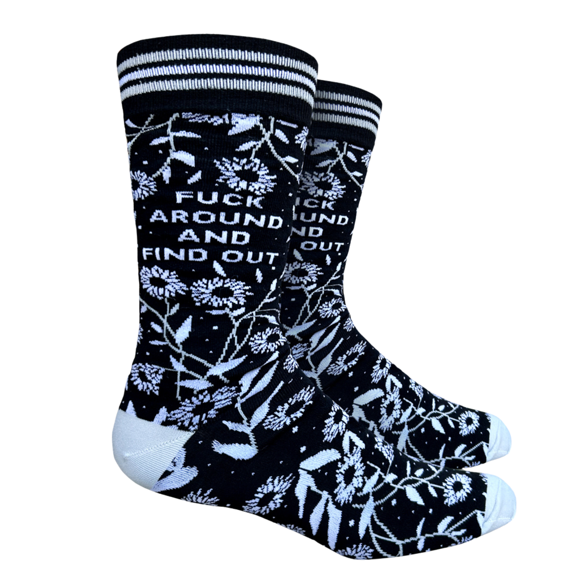 F**k Around and Find Out Socks. A pair of bold floral and slogan socks with black legs and light blue toes, cuff and heel. 