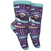 F**k Computers Socks - Small. A paie of socks with a bold sweary slogan and a cool peach and purple design. Teal toes, heel and cuff. 