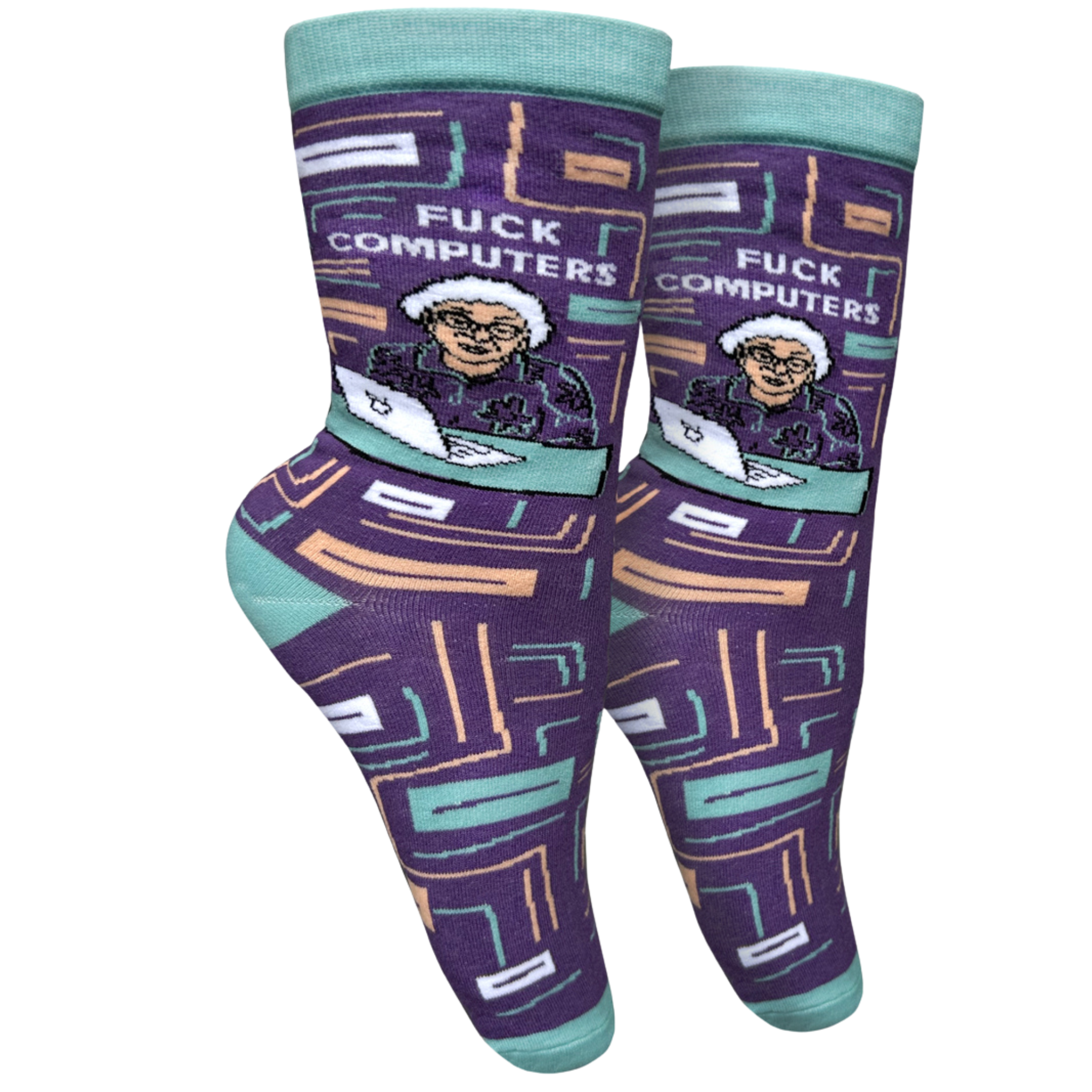 F**k Computers Socks - Small. A paie of socks with a bold sweary slogan and a cool peach and purple design. Teal toes, heel and cuff. 