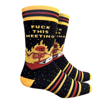 F**k This Meeting Socks - Large. A pair of socks with a cool burning skeleton motif and a bold sweary slogan. Yellow and red details. 