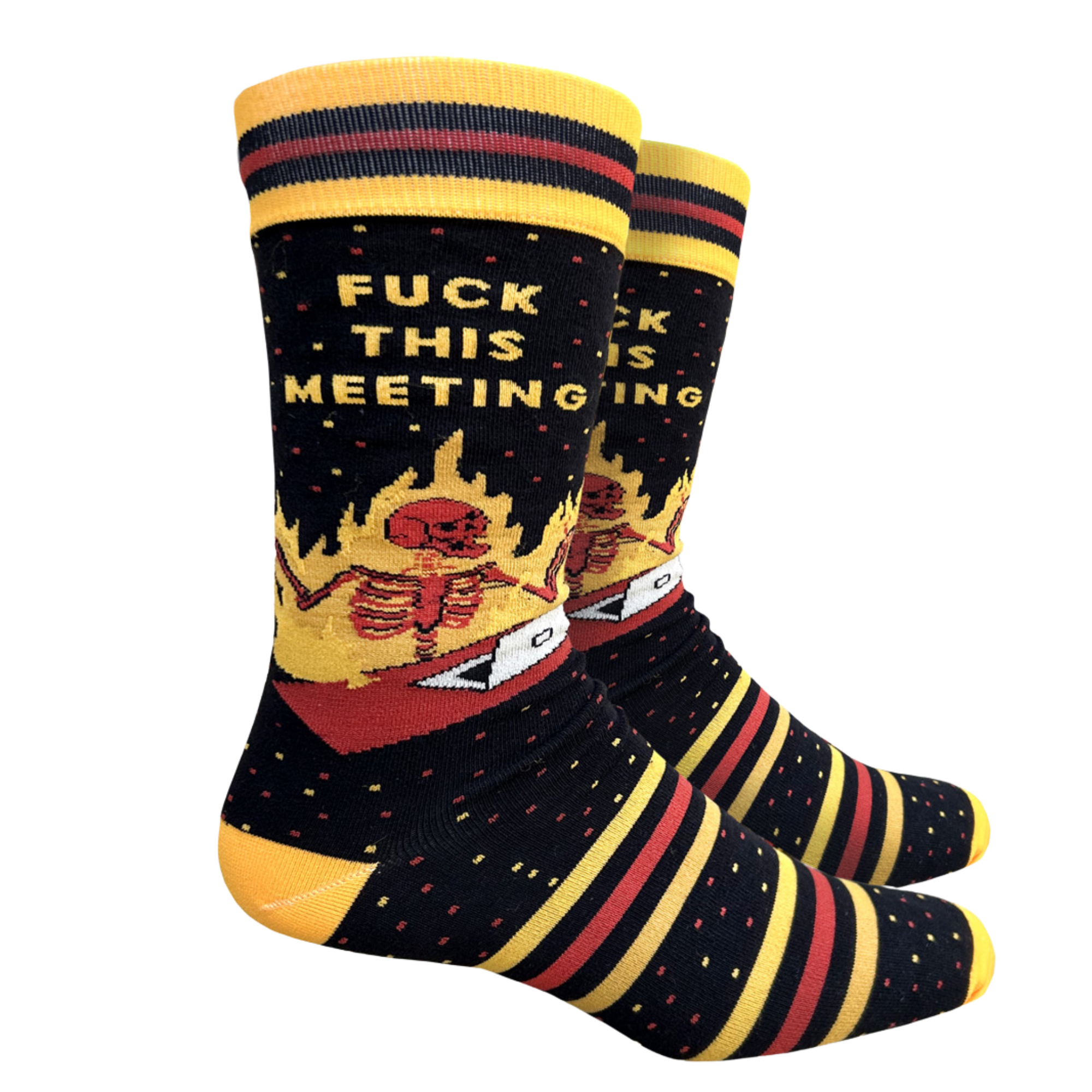 F**k This Meeting Socks - Large. A pair of socks with a cool burning skeleton motif and a bold sweary slogan. Yellow and red details. 