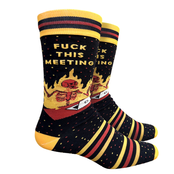 F**k This Meeting Socks - Large. A pair of socks with a cool burning skeleton motif and a bold sweary slogan. Yellow and red details. 