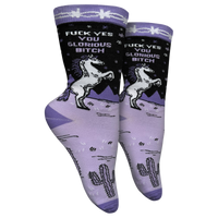 F**k Yes You Glorious B**ch Socks - Small. A pair of socks with a unicorn motif and a bold sweary slogan. Purple legs with deep purple toes, heel and cuff. 