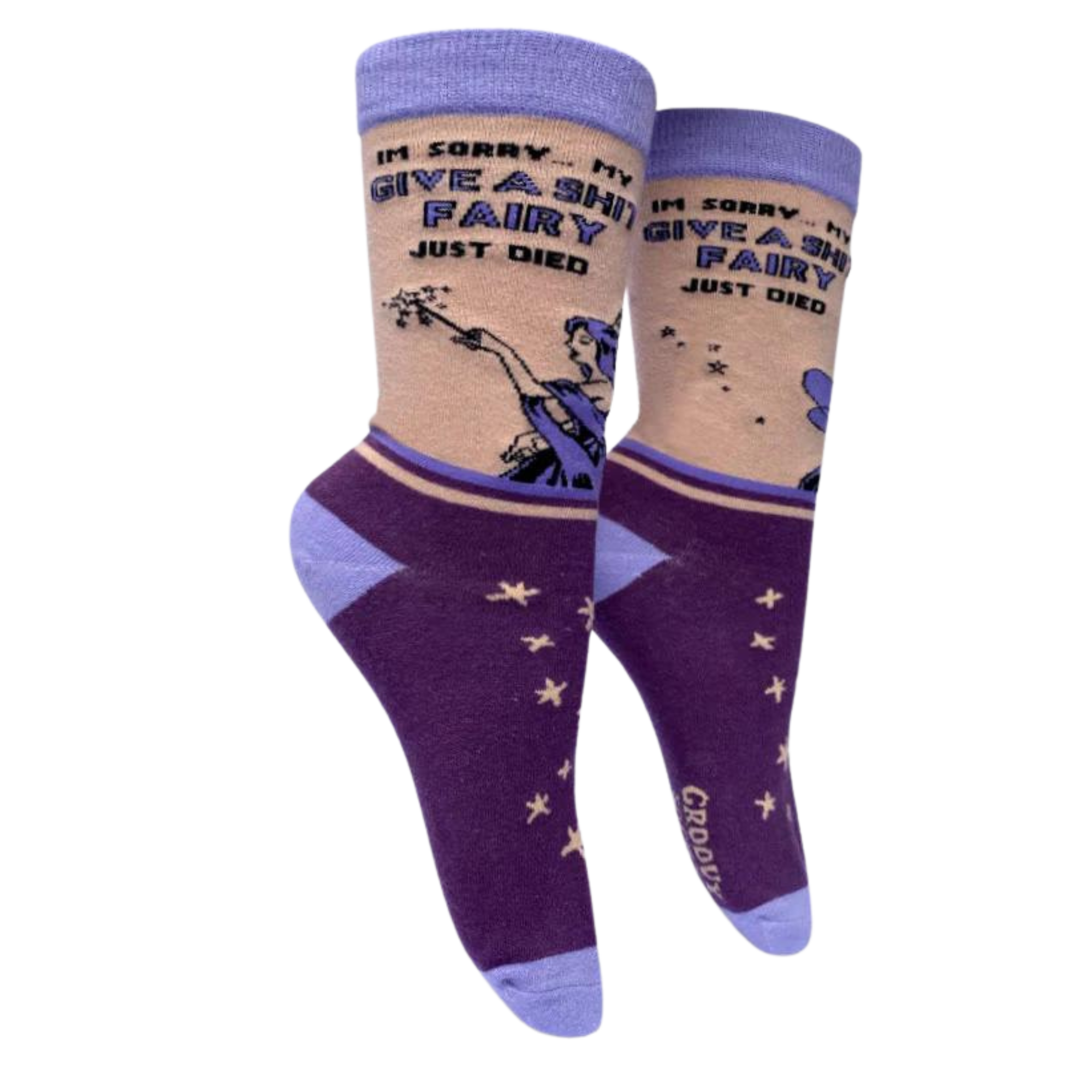 Give a S**t Fairy Socks. A pair of socks with a bold slogan and a fairy design. Purple feet and light purple toe, hell and cuff.