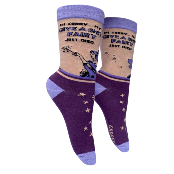 Give a S**t Fairy Socks. A pair of socks with a bold slogan and a fairy design. Purple feet and light purple toe, hell and cuff.