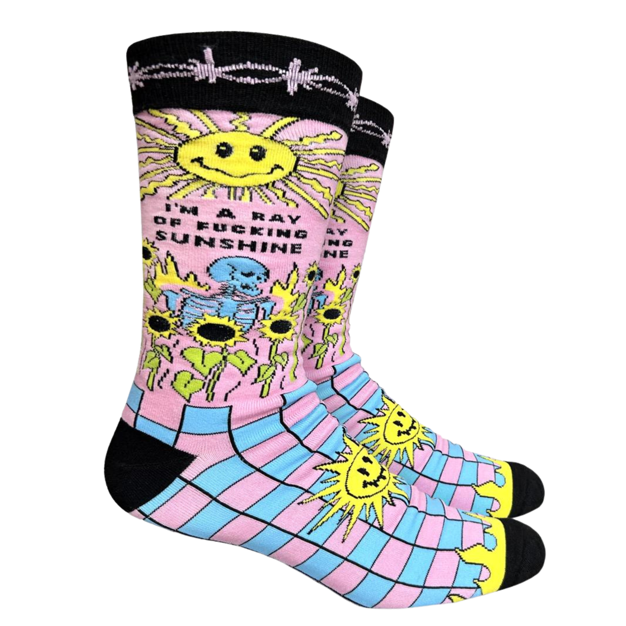 I'm A Ray Of F**king Sunshine Socks - Large. A pair of socks with a psychedelic sun shine pattern in bright blue and pink. Black toes, heel and cuff. 