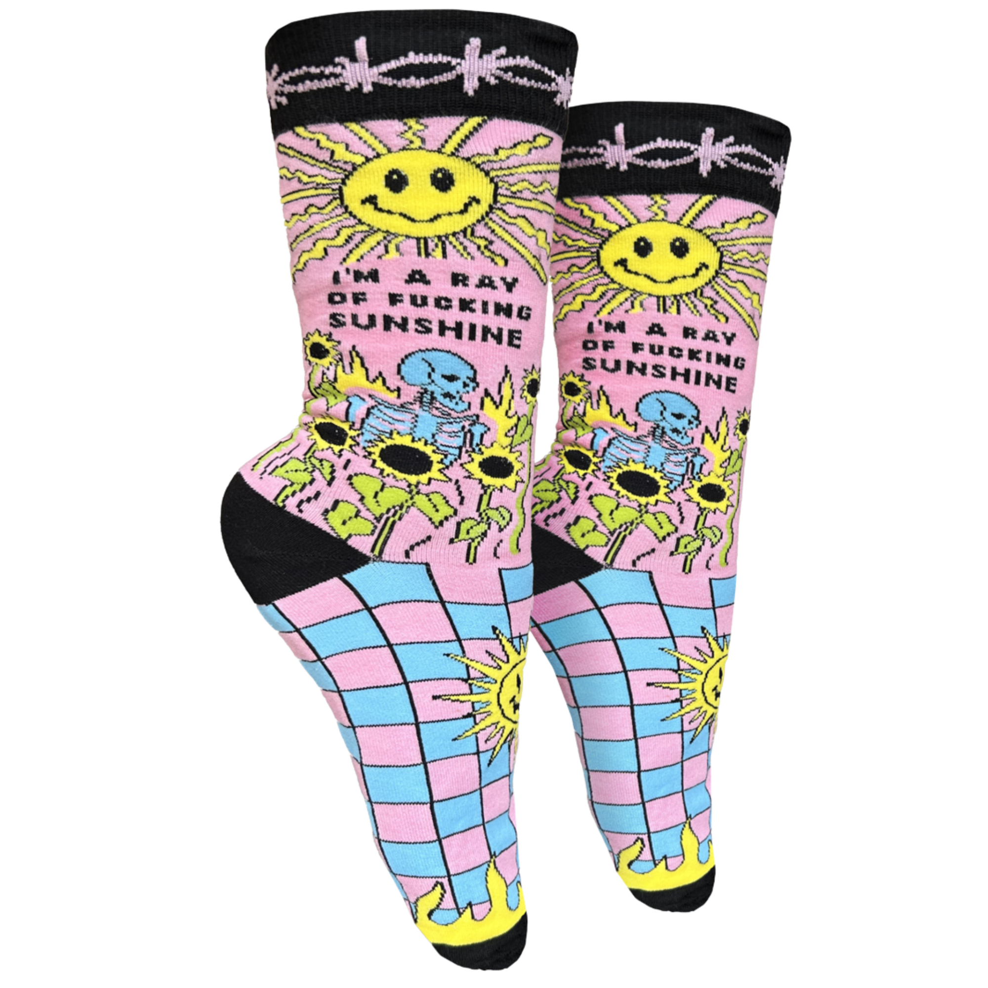 I'm A Ray Of F**king Sunshine Socks - Small. A pair of socks with a psychedelic sun shine pattern in bright blue and pink. Black toes, heel and cuff.
