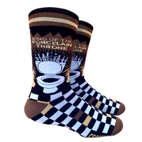 King of the Porcelain Throne Socks. A pair of socks depicting a toilet and a striking blue and black checked pattern. Brown toes, heel and cuff. 