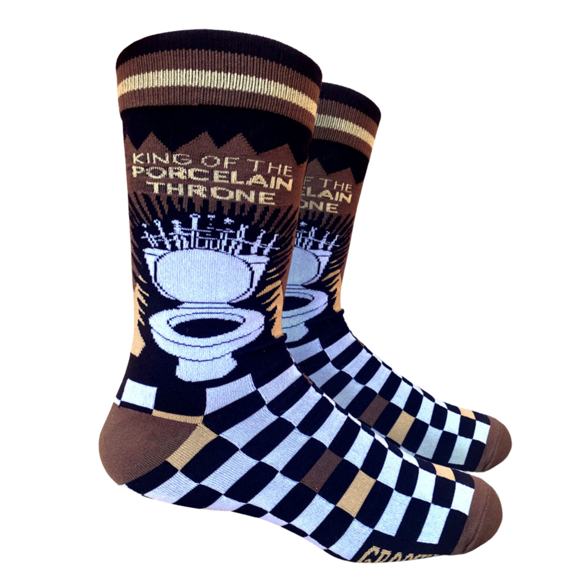 King of the Porcelain Throne Socks. A pair of socks depicting a toilet and a striking blue and black checked pattern. Brown toes, heel and cuff. 