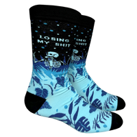 Losing My S**t Socks. A blue and black pair of socks with a skeleton and the slogan Losing My S**t on the ankle. Black heel, toe and cuff.