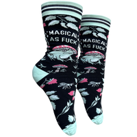 Magical AF Socks - Small. A Pair of socks with a fun and sweary slogan. Featuring a magic toad and magic mushroom pattern. Turquoise toe, heel and cuff. 