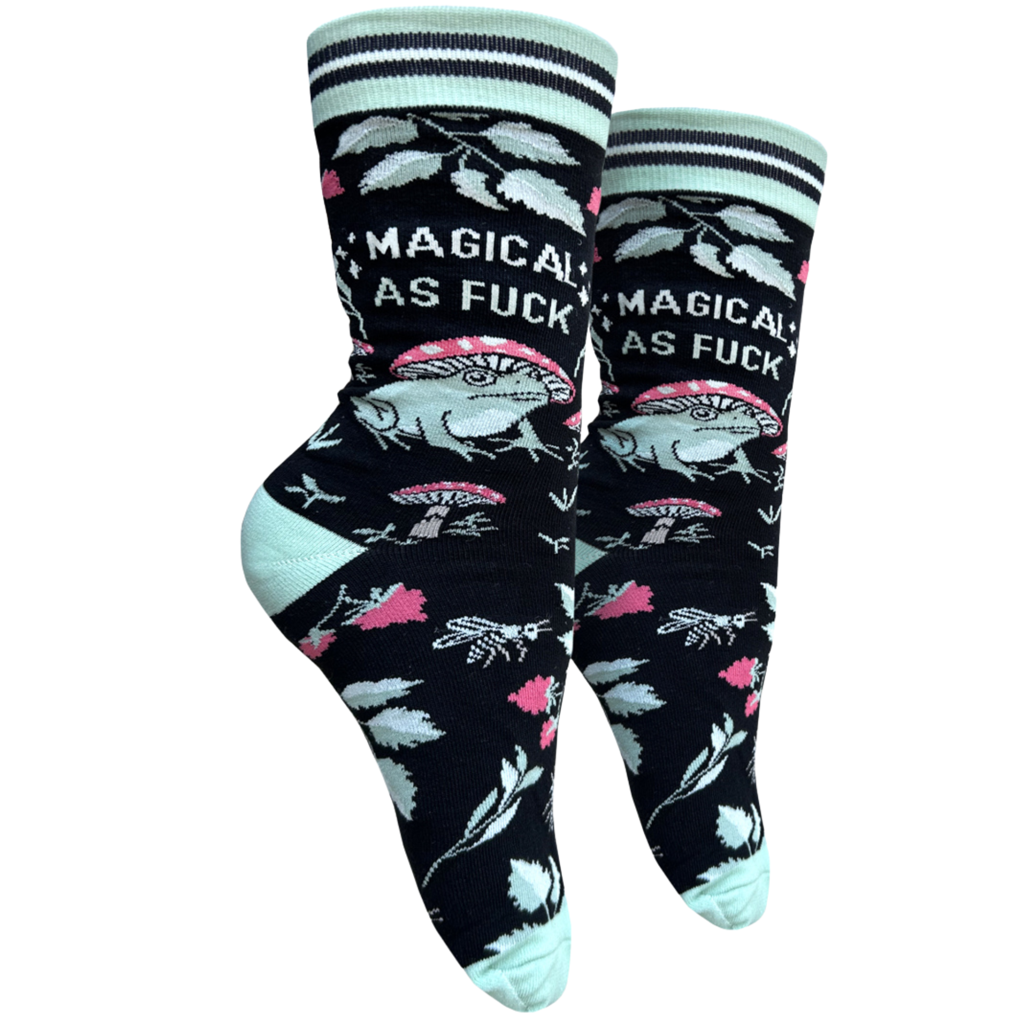 Magical AF Socks - Small. A Pair of socks with a fun and sweary slogan. Featuring a magic toad and magic mushroom pattern. Turquoise toe, heel and cuff. 
