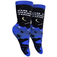 Make It F**king Happen Socks - Small. A pair of socks with a bold, sweary slogan and a moonlight motif. Blue toes, heel and cuff. 