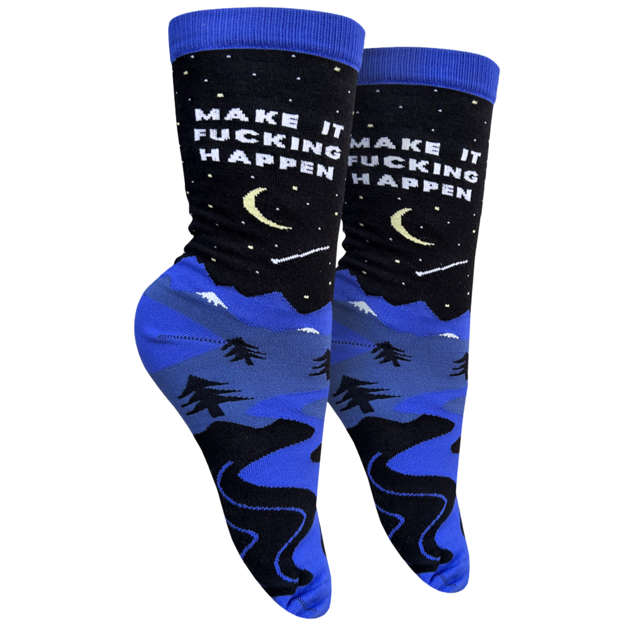 Make It F**king Happen Socks - Small. A pair of socks with a bold, sweary slogan and a moonlight motif. Blue toes, heel and cuff. 