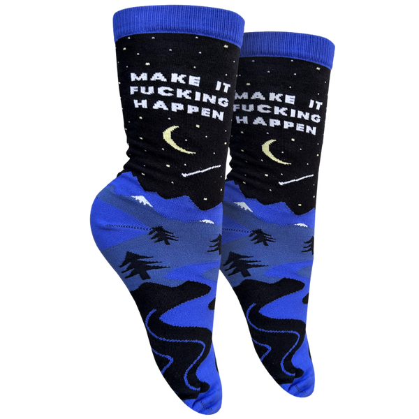 Make It F**king Happen Socks - Small. A pair of socks with a bold, sweary slogan and a moonlight motif. Blue toes, heel and cuff. 
