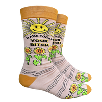 Make Today Your B**tch Socks. A pair of socks depicting the sun and sunflowers with a bold sweary slogan. Orange toes, cuff and heel. 