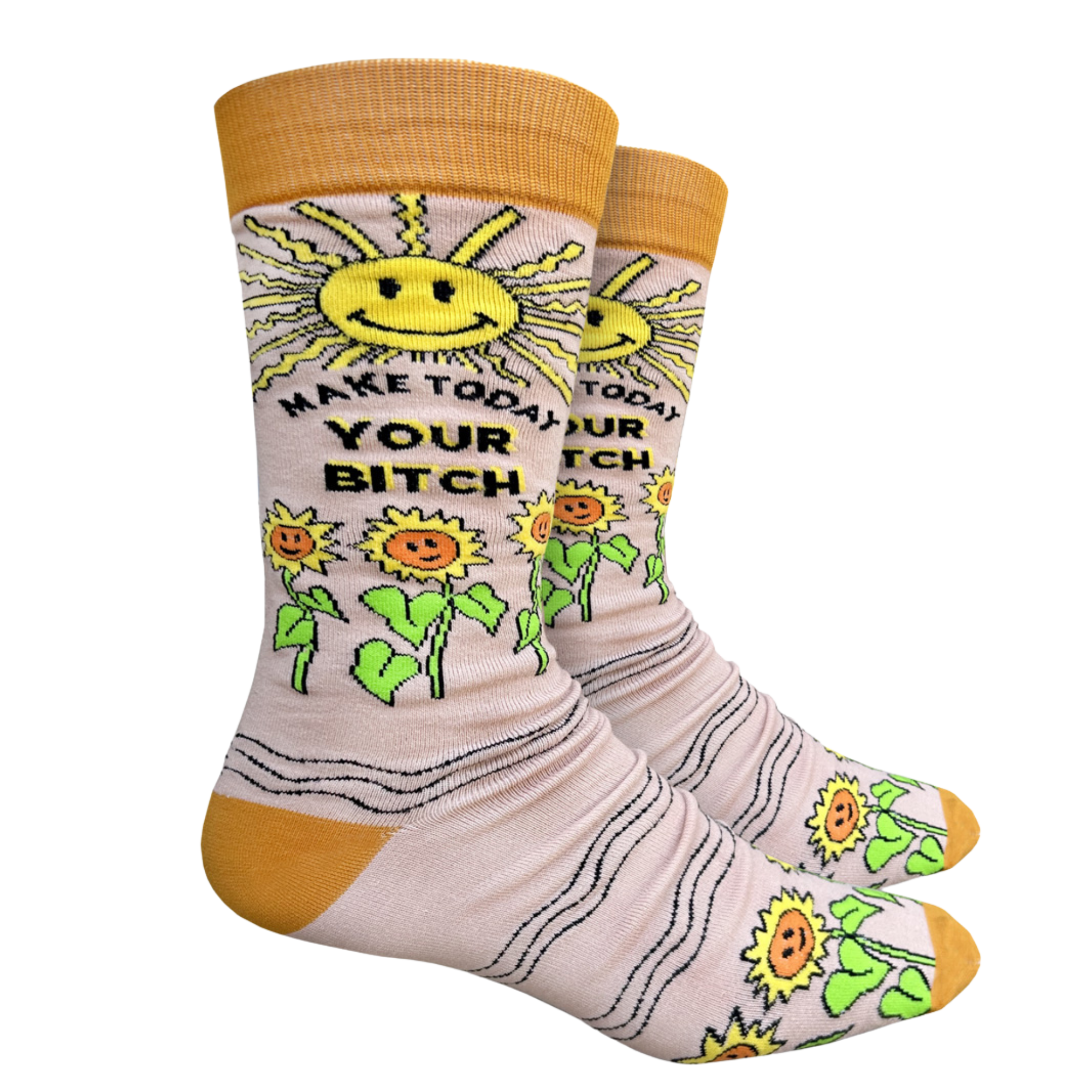 Make Today Your B**tch Socks. A pair of socks depicting the sun and sunflowers with a bold sweary slogan. Orange toes, cuff and heel. 