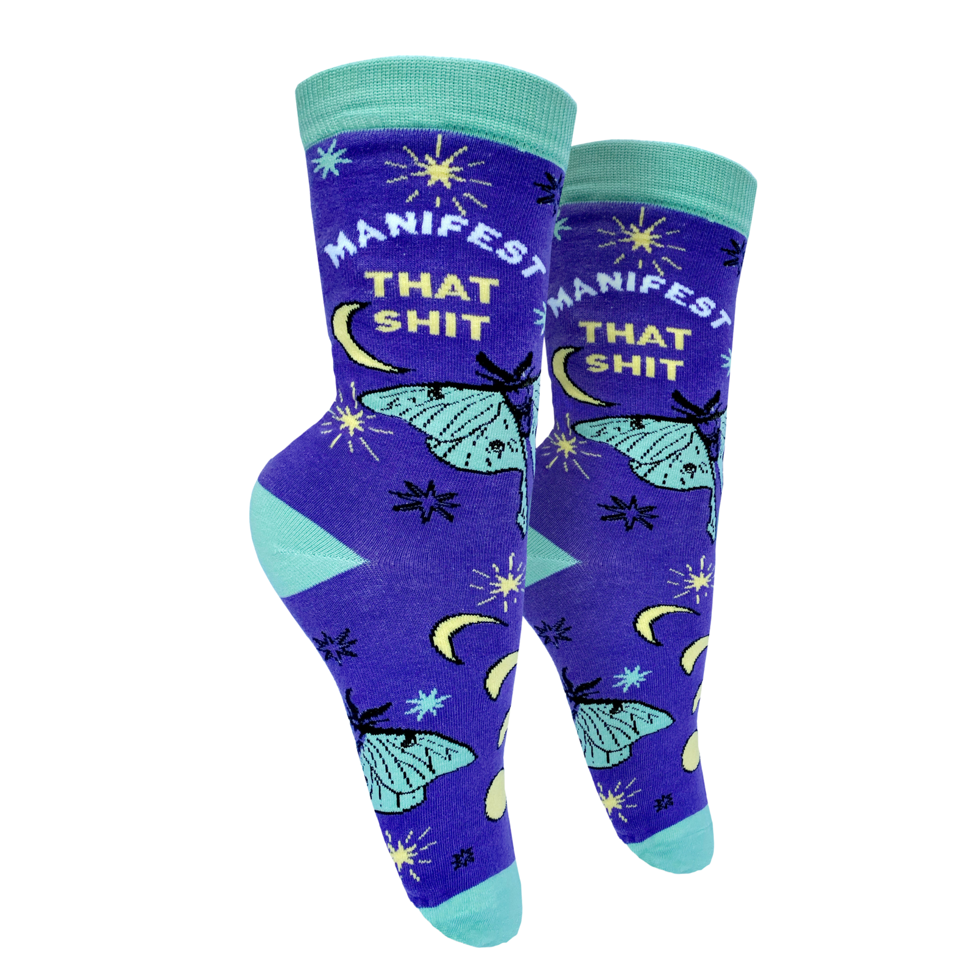 Manifest That S**t Socks. A pair of socks with the slogan Manifest That S**t and a butterfly motif. Purple ankles, turquoise toe, heel and cuff. 