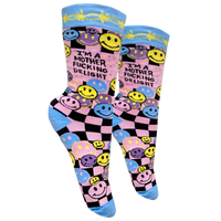 Mother F**king Delight Socks - Small. A pair of socks with a bright pink and blue smiley face pattern and a bold sweary slogan. Blue toes, heel and cuff. 