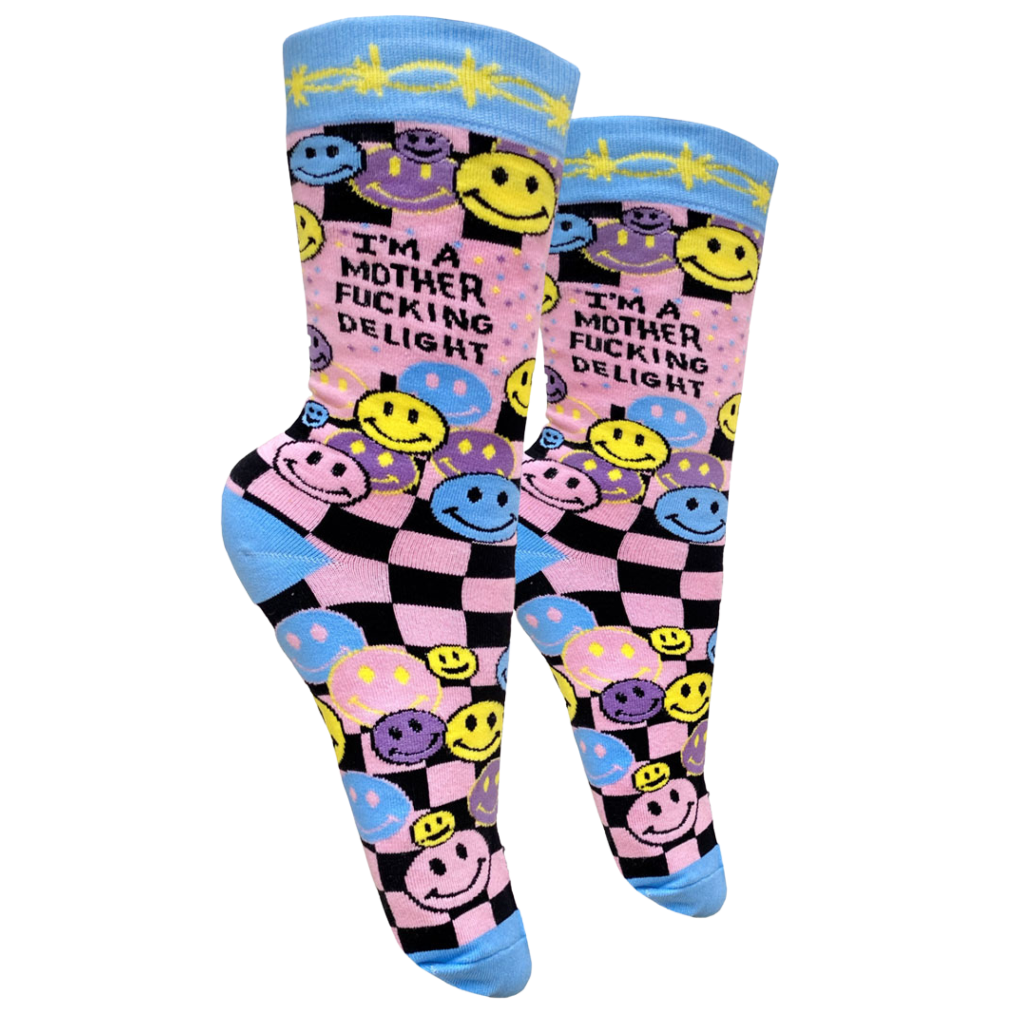 Mother F**king Delight Socks - Small. A pair of socks with a bright pink and blue smiley face pattern and a bold sweary slogan. Blue toes, heel and cuff. 