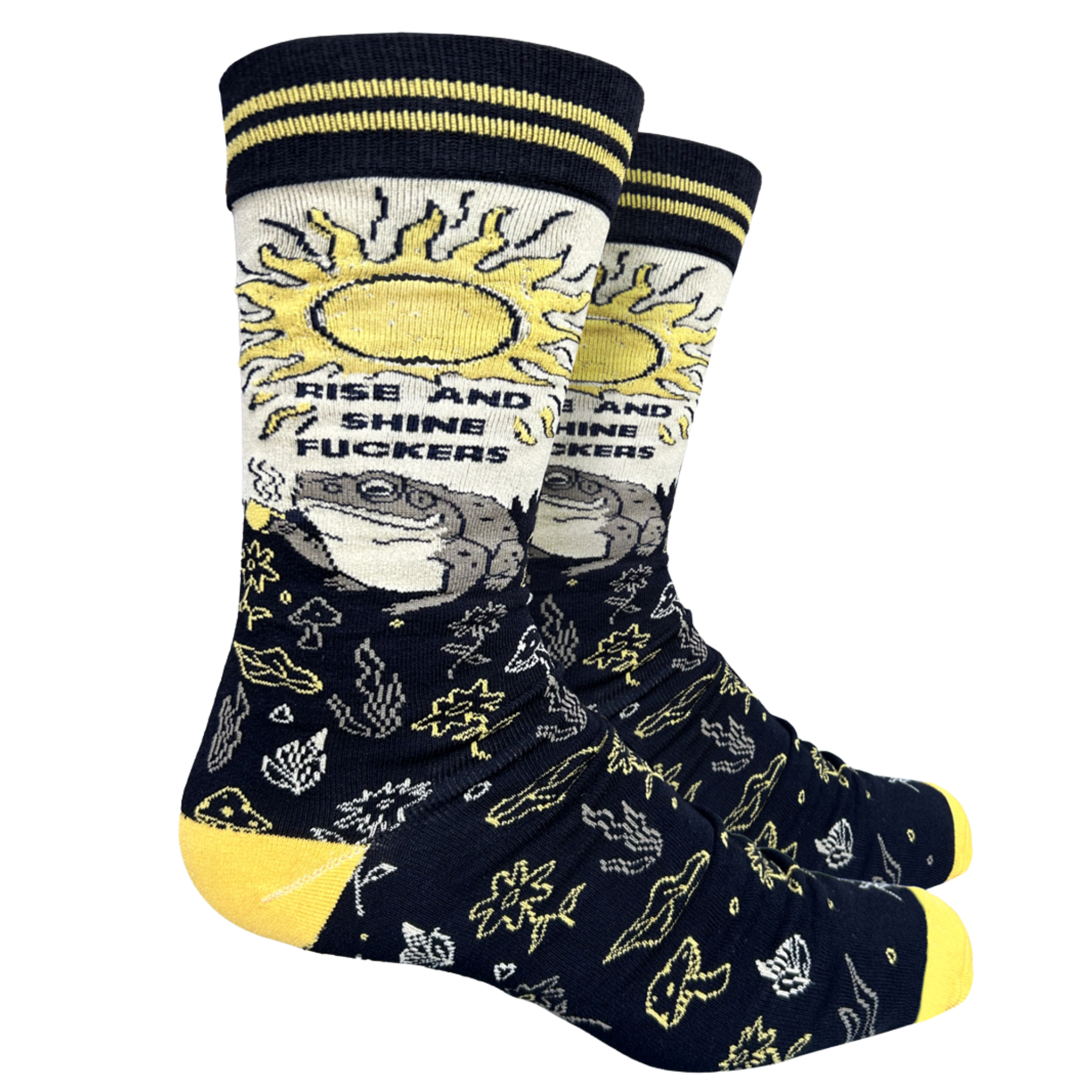 Rise and Shine Socks. A pair of socks with a design featuring a frog, a sunrise and section of scared plants. Yellow toes, heel and cuff.