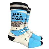S**t F**k Damn Socks - Large. A apir of socks with a blod blue otter motif and a sweary slogan. Blue legs, black toes, cuff and heel. 