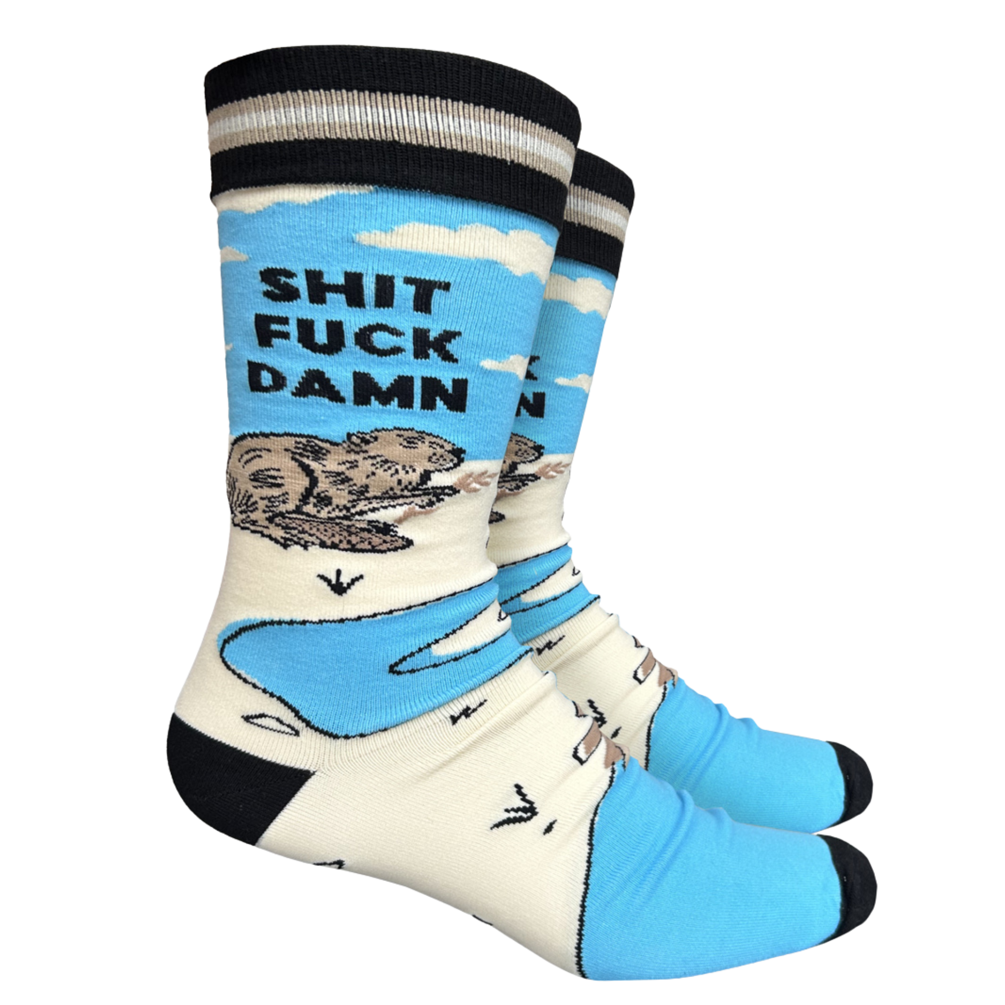 S**t F**k Damn Socks - Large. A apir of socks with a blod blue otter motif and a sweary slogan. Blue legs, black toes, cuff and heel. 