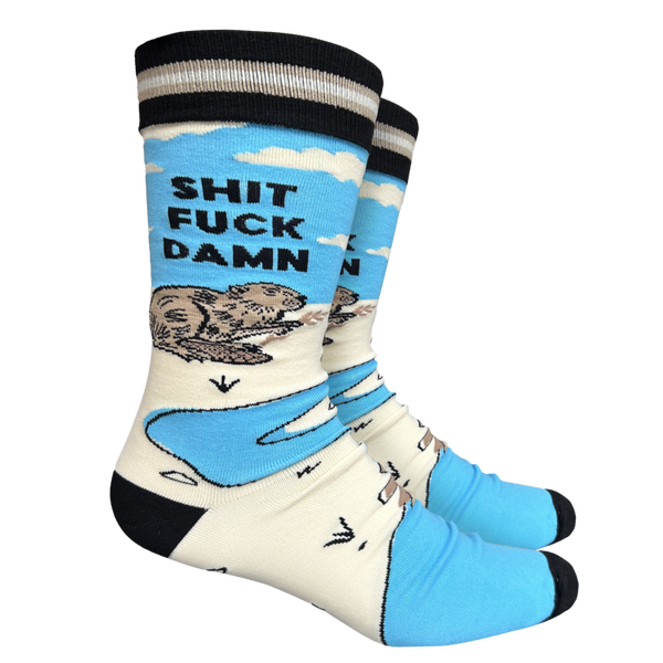S**t F**k Damn Socks - Large. A apir of socks with a blod blue otter motif and a sweary slogan. Blue legs, black toes, cuff and heel. 