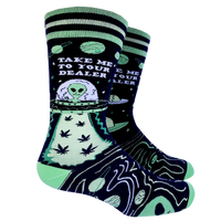 Take Me to your Dealer Socks - Large. A pair of socks depicting aliens landing as asking where they can buy some weed. Green toes, cuff and heel. 