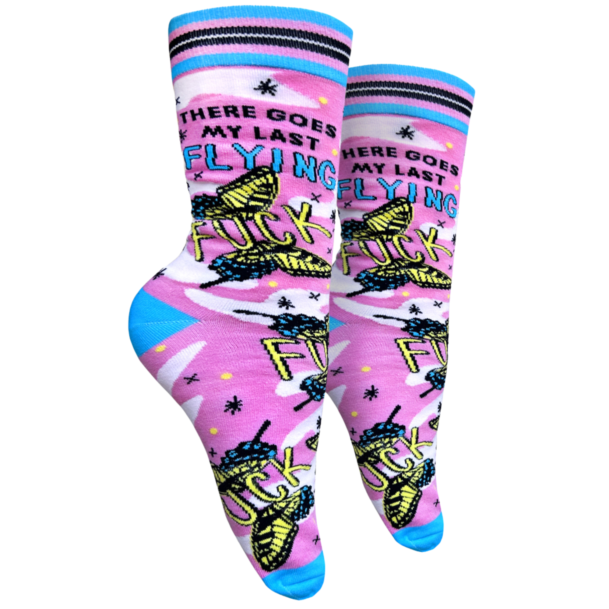 Last Flying F**k Socks - Small. A pair of socks with a bold slogan and a pink and yellow butterfly motif. Bright blue heel, toe and cuff.