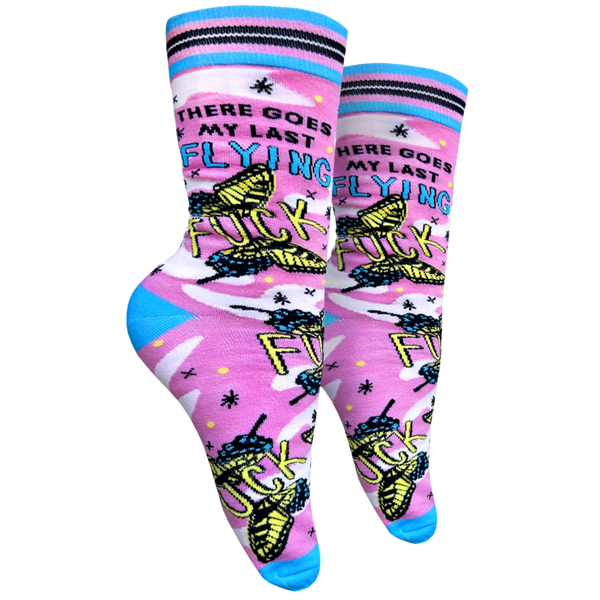 Last Flying F**k Socks - Small. A pair of socks with a bold slogan and a pink and yellow butterfly motif. Bright blue heel, toe and cuff.
