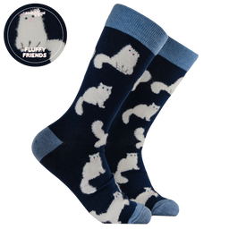 Fluffy White Cats Socks - LARGE NAVY