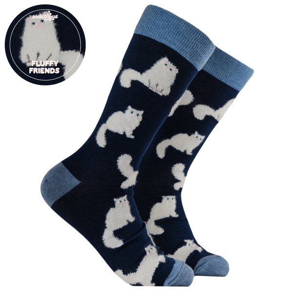 Fluffy White Cats Socks - LARGE NAVY